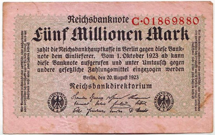 Рейхсбанкнота 5 миллионов марок. 1923 год, Веймарская республика.