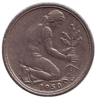 Монета 50 пфеннигов. 1950 (D) год, ФРГ. Женщина, сажающая дуб. Монета 50 пфеннигов. 1950 (D) год, ФРГ. Женщина, сажающая дуб.
