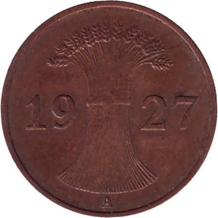 Монета 1 рейхспфенниг. 1927 год (А), Веймарская республика. Монета 1 рейхспфенниг. 1927 год (А), Веймарская республика.