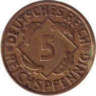 Монета 5 рейхспфеннигов. 1924 год (J), Веймарская республика. Монета 5 рейхспфеннигов. 1924 год (J), Веймарская республика.