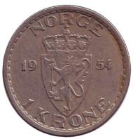 Монета 1 крона. 1954 год, Норвегия. Монета 1 крона. 1954 год, Норвегия.