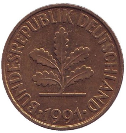 Монета 10 пфеннигов. 1991 год (F), ФРГ. Дубовые листья.