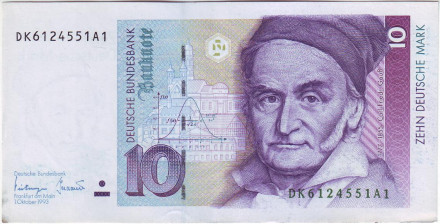 Банкнота 10 марок. 1993 год, ФРГ. Карл Фридрих Гаусс. Секстант.
