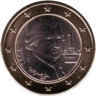Монета 1 евро. 2021 год, Австрия. Моцарт. Монета 1 евро. 2021 год, Австрия. Моцарт.