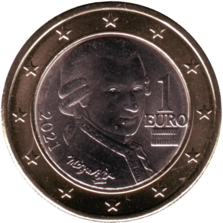 Монета 1 евро. 2021 год, Австрия. Моцарт.