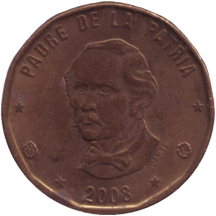 Монета 1 песо. 2008 год, Доминиканская Республика. (Магнитная). Из обращения. Пабло Дуарте.