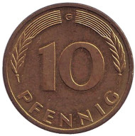 Монета 10 пфеннигов. 1989 год (G), ФРГ. Дубовые листья. Монета 10 пфеннигов. 1989 год (G), ФРГ. Дубовые листья.