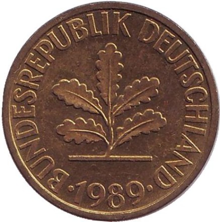 Монета 10 пфеннигов. 1989 год (G), ФРГ. Дубовые листья.