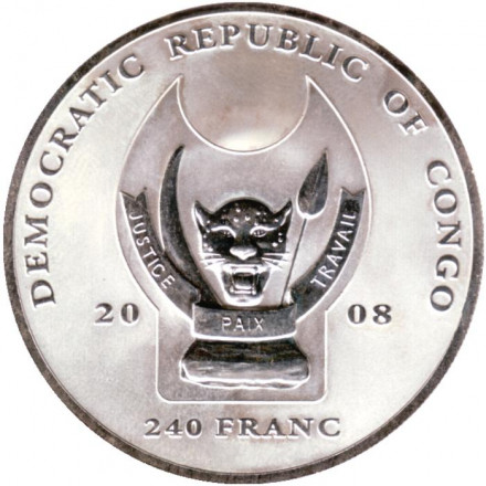 Монета 240 франков. 2008 год, Конго. Африканский слон. Большая пятёрка Африки. Монета 240 франков. 2008 год, Конго. Африканский слон. Большая пятёрка Африки.