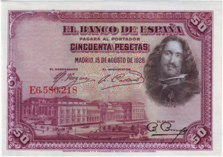 Банкнота 50 песет. 1928 год, Испания. UNC. Диего Веласкес.