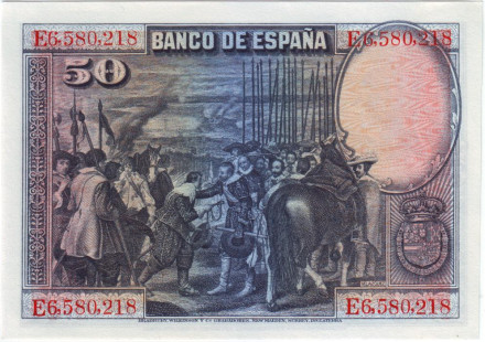 Банкнота 50 песет. 1928 год, Испания. UNC. Диего Веласкес.