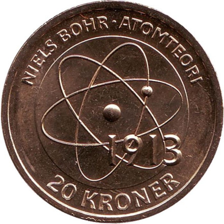 Монета 20 крон. 2013 год, Дания. Нильс Бор.