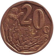 Монета 20 центов. 2007 год, ЮАР. Цветок протея. Монета 20 центов. 2007 год, ЮАР. Цветок протея.