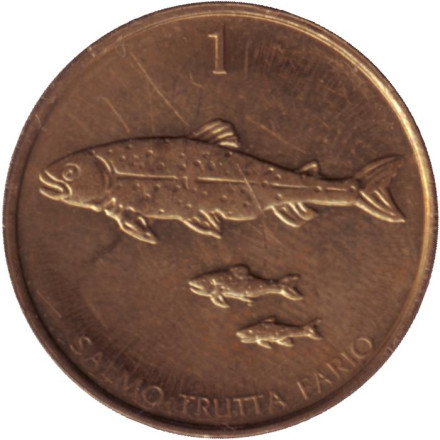 Монета 1 толар. 2004 год, Словения. Из обращения. Ручьевая форель.