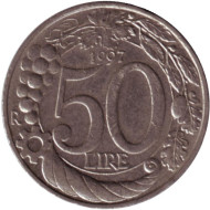 Монета 50 лир. 1997 год, Италия. Монета 50 лир. 1997 год, Италия.