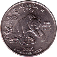 Монета 25 центов (D). 2008 год, США. Аляска. Штат № 49. Монета 25 центов (D). 2008 год, США. Аляска. Штат № 49.
