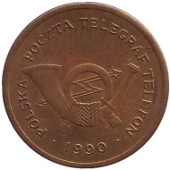 Телефонный жетон. 1990 год, Польша. (С). С отметкой монетного двора. Диаметр 25 мм. Телефонный жетон. 1990 год, Польша. (С). С отметкой монетного двора. Диаметр 25 мм.