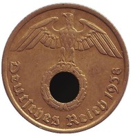 Монета 10 рейхспфеннигов. 1938 год, Германия (Третий Рейх). (E). Монета 10 рейхспфеннигов. 1938 год, Германия (Третий Рейх). (E).