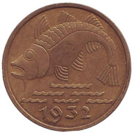Монета 10 пфеннигов. 1932 год, Данциг. Треска. Монета 10 пфеннигов. 1932 год, Данциг. Треска.