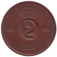 Монета 2 эре. 1953 год, Швеция. Монета 2 эре. 1953 год, Швеция.