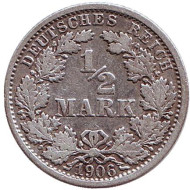 Монета 1/2 марки. 1906 год (F), Германская империя. Монета 1/2 марки. 1906 год (F), Германская империя.