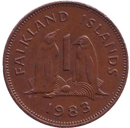 Монета 1 пенни. 1983 год, Фолклендские острова. Субантарктические пингвины.