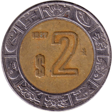Монета 2 песо. 1997 год, Мексика.