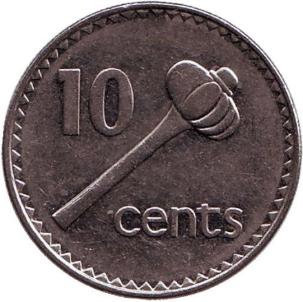 Монета 10 центов. 1996 год, Фиджи. Метательная дубинка - ула тава тава.