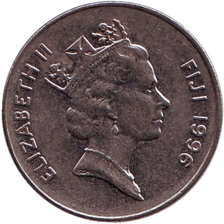 Монета 10 центов. 1996 год, Фиджи. Метательная дубинка - ула тава тава.