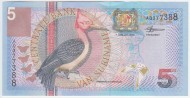 Банкнота 5 гульденов. 2000 год, Суринам. Банкнота 5 гульденов. 2000 год, Суринам.