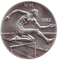 Монета 50 марок. 1983 год, Финляндия. Первый чемпионат мира по легкой атлетике. Монета 50 марок. 1983 год, Финляндия. Первый чемпионат мира по легкой атлетике.