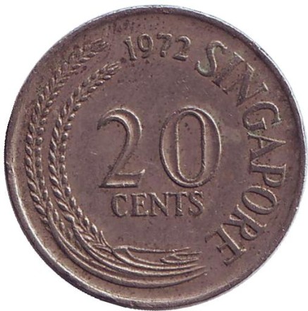 Монета 20 центов. 1972 год. Сингапур. Рыба-меч.