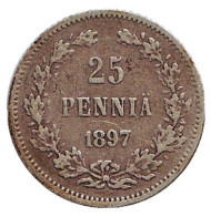 Монета 25 пенни. 1897 год, Финляндия в составе Российской Империи. Монета 25 пенни. 1897 год, Финляндия в составе Российской Империи.