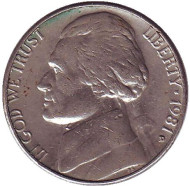 Монета 5 центов. 1981 год (D), США. Джефферсон. Монтичелло. Монета 5 центов. 1981 год (D), США. Джефферсон. Монтичелло.