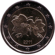 Монета 2 евро. 2011 год, Финляндия. Цветы и ягоды морошки. Монета 2 евро. 2011 год, Финляндия. Цветы и ягоды морошки.