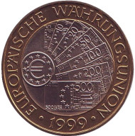Монета 50 шиллингов. 1999 год, Австрия. Европейский валютный союз. Монета 50 шиллингов. 1999 год, Австрия. Европейский валютный союз.