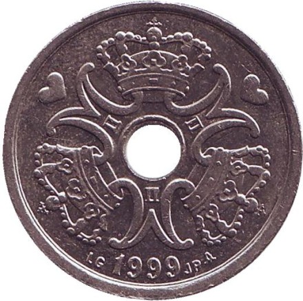 Монета 2 кроны. 1999 год, Дания. Монета 2 кроны. 1999 год, Дания.