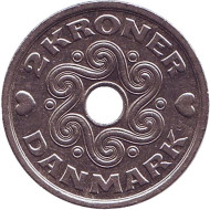 Монета 2 кроны. 1999 год, Дания. Монета 2 кроны. 1999 год, Дания.