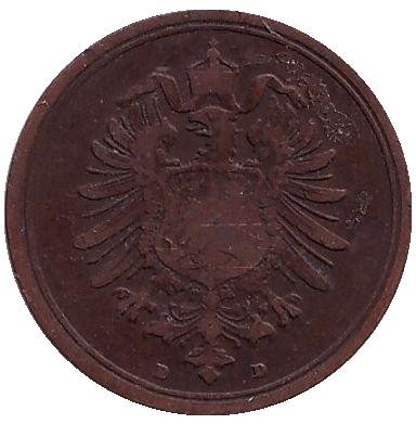 Монета 1 пфенниг. 1875 год (D), Германская империя. Монета 1 пфенниг. 1875 год (D), Германская империя.