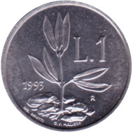 Монета 1 лира. 1993 год, Сан-Марино. Саженец оливы. Монета 1 лира. 1993 год, Сан-Марино. Саженец оливы.