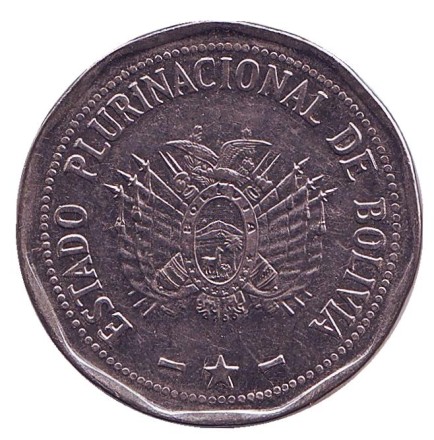 Монета 2 боливиано. 2010 год, Боливия. Монета 2 боливиано. 2010 год, Боливия.