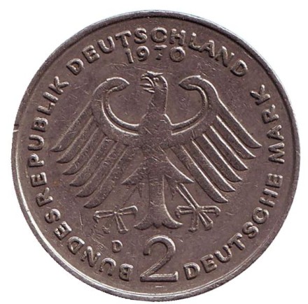 Монета 2 марки. 1970 год (D), ФРГ. Конрад Аденауэр. Монета 2 марки. 1970 год (D), ФРГ. Конрад Аденауэр.