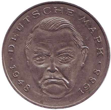 Монета 2 марки. 1990 год (J), ФРГ. Людвиг Эрхард.