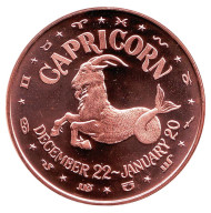 Козерог. "Знаки зодиака." Монетовидный жетон. Унция меди 999. США.  Козерог. "Знаки зодиака." Монетовидный жетон. Унция меди 999. США.