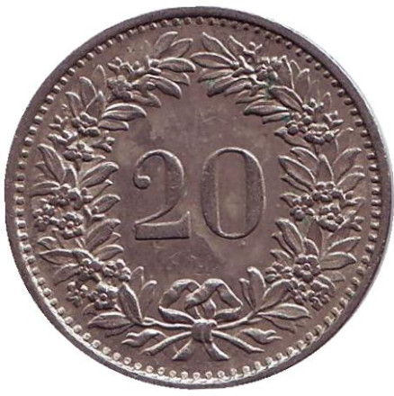 Монета 20 раппенов. 1971 год, Швейцария.