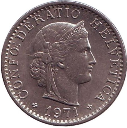 Монета 20 раппенов. 1971 год, Швейцария.