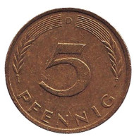 Монета 5 пфеннигов. 1972 год (D), ФРГ. Дубовые листья. Монета 5 пфеннигов. 1972 год (D), ФРГ. Дубовые листья.