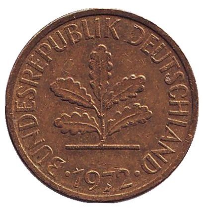 Монета 5 пфеннигов. 1972 год (D), ФРГ. Дубовые листья. Монета 5 пфеннигов. 1972 год (D), ФРГ. Дубовые листья.