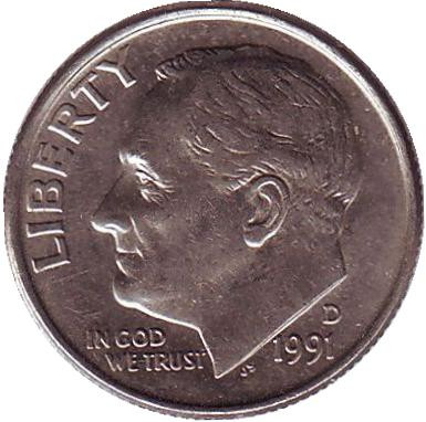 Монета 10 центов. 1991 (D) год, США. Рузвельт.
