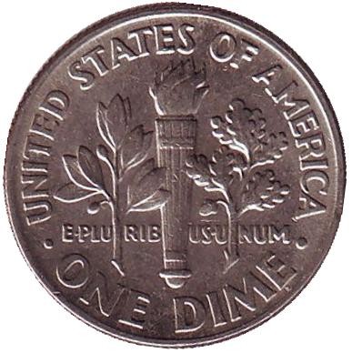 Монета 10 центов. 1991 (D) год, США. Рузвельт.